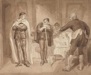 Gil Blas, während er unter Dr. Sangrado Medizin praktiziert, trifft Dr. Cuchillo am Bett des Lebensmittelhändlers