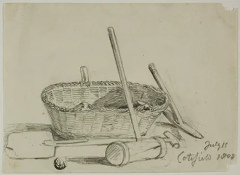 Weidenkorb, Hammer, Schaufel, Pickel