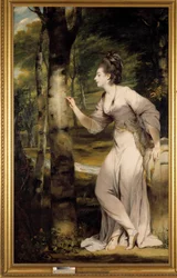 Eine elegante Frau ritzt einen Namen in einen Baumstamm in romantischer Atmosphäre. Gemälde von Joshua Reynolds (1723-1792). 18. Jahrhundert. Privatsammlung