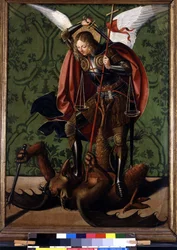 Rückseite eines Altars: Saint Michel besiegt den Dämon. Gemälde von Josse Lieferinxe, aktiv zwischen 1493-1508
