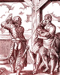 Ein Metzger - Essen und Kochen im Mittelalter. Stich von Jost Amman (1539-1591). Stich 1878
