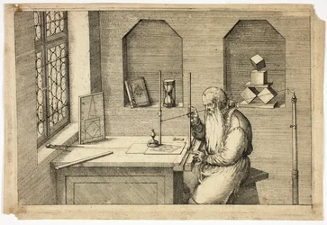Porträt von Wenzel Jamnitzer in seinem Arbeitszimmer