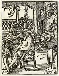 Die Barbiere aus einer Serie, die Berufe und Handwerke darstellt, erstmals veröffentlicht in Das Ständebuch 1568 in Frankfurt, Deutschland