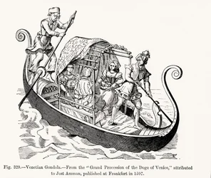 Venezianische Gondel, aus der großen Prozession des Dogen von Venedig, Illustration aus Wissenschaft und Literatur im Mittelalter und der Renaissance, geschrieben und graviert von Paul Lacroix, 1878