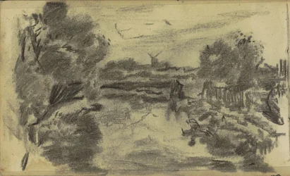 Landschaft mit Wasser und einer Mühle