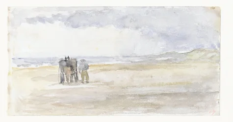 Mann mit Pferd und Wagen am Strand