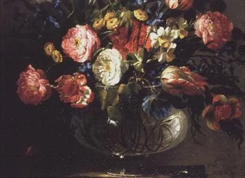 Rosen, Tulpen, Hyazinthen und Jasmin in einer Glasvase