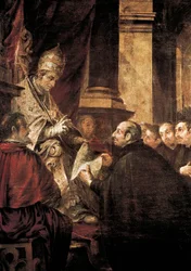Ignatius von Loyola erhält die Bulle des Jesuitenordens von Papst Paul III., Gemälde von Juan de Valdes Leal