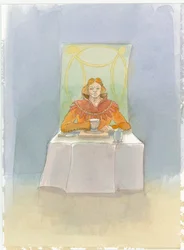 Ein mittelalterlicher Herr sitzt an einem Tisch, 2004