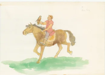 Ein mittelalterlicher Mann, der auf einem Pferd mit einem Raubvogel auf dem Arm reitet, 2004