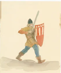 Ein mittelalterlicher Soldat mit einem langen Schwert in der rechten Hand und einem Schild in der linken