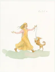 Eine mittelalterliche Frau spielt mit einem Hund, 2004