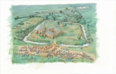 Rekonstruktionsgemälde von Latton Priory im späten 12. Jahrhundert