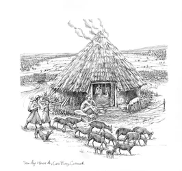 Bauern und eine Ziegenherde außerhalb des Eisenzeit-Rundhauses, ca. 1990-2010