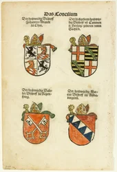 Wappen der Bischöfe (recto und verso) aus Das Concilium so zu Constantz, Tafel 26 aus Holzschnitte aus Büchern des XVI. Jahrhunderts