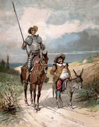 Don Quijote und Sancho Panza, Illustration zum Buch „Histoire de Don Quichotte“ von Miguel de Cervantes, Stich nach Jules David