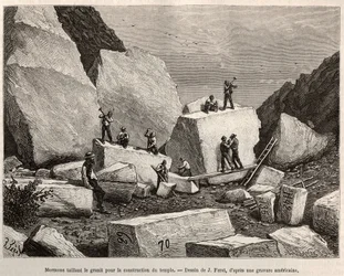 Mormonen schnitzen Granit für den Tempelbau. Gravur nach J. Ferats Zeichnung, zur Illustration der Geschichte La conquete blanche, von William Hepworth Dixon, 1875, veröffentlicht in „Le tour du monde“, 1876, herausgegeben von Edouard Charton, Hachette-A