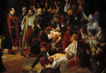 Kaiser Napoleon III. besucht die französischen, piemontesischen und österreichischen Verwundeten der Schlacht von Montebello in den Ambulanzen von Voghera im Mai 1859 (Detail). Gemälde von Jules Rigo (1810-1892) 1859 Paris, Museum des Val de Grace