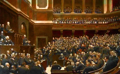 Adolphe Thiers (1797-1877), französischer Politiker, bei einer Sitzung in der Abgeordnetenkammer in Versailles zum „Befreier des Territoriums“ erklärt