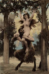 Ein halb Mensch, halb Tier Wesen trägt eine nackte Frau auf seiner Schulter im Weinberg zum Tempel der Flasche. Pantagruel. Illustration von Jules Garnier. In „Rabelais et l
