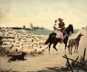 Ein Herrenhaus und ein Hirte auf einem Pferd. Ein Esel ist rechts von ihnen. Die Schafe und der nächste Hirtenhund. Pantagruel. Illustration von Jules Garnier. In „Rabelais et l