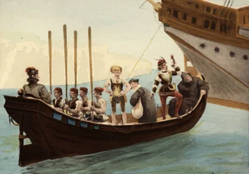 Boot im Hafen der Insel Papimania. Von rechts nach links: ein Mönch, ein Falkner, ein Anwalt, ein Winzer aus Orleans. Illustration von Jules Garnier. In "Rabelais et l