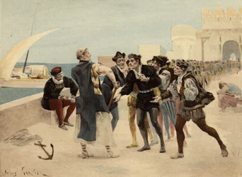 Bruder Jean, Mönch der Abtei von Seuille, bietet zwanzig Écus Gold den Chiquanous an, die bereit sind, sich schlagen zu lassen. Pantagruel. Illustration von Jules Garnier. In „Rabelais et l
