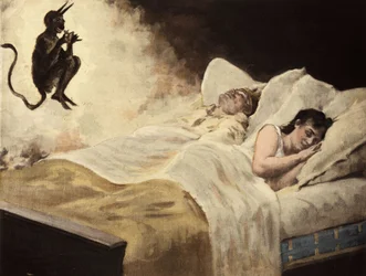 Hans Caruel (Carufel), der König von Melinde, und seine Frau schlafen in ihrem Bett. Satan gibt dem Ehemann einen Ring, damit seine Frau ihm treu bleibt. Pantagruel. Illustration von Jules Garnier. Rabelais und das Werk von Jules Garnier
