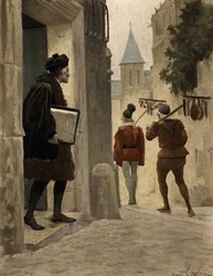 Meister Janotus von Bragmardo verlässt das Pariser Haus von Gargantua mit den Geschenken von Gargantua. Illustration von Jules Garnier. In "Rabelais et l