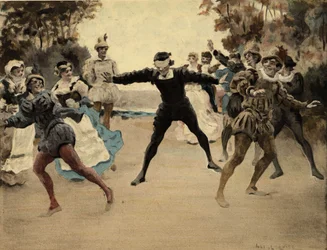 Männer und Frauen spielen Colin Maillard. Illustration von Jules Garnier. In "Rabelais et l