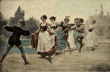 Männer und Frauen spielen Schwanz am Klotz (Wolfsschwanz). Gargantua. Illustration von Jules Garnier. In „Rabelais et l