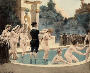 Alte Frauen tauchen ins Wasser und kommen wieder heraus. Königreich Entelechie. Illustration von Jules Garnier. In "Rabelais et l