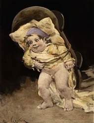 Pantagruel trägt seine Wiege auf dem Rücken. Pantagruel. Illustration von Jules Garnier. In „Rabelais et l