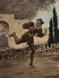 Panurge wird von einem Rudel Hunde gejagt, die aus der brennenden Stadt Mytilene (Türkei) fliehen. Pantagruel. Illustration von Jules Garnier. In „Rabelais et l