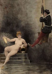 Panurge steigt in den Brunnen hinab oder, laut Heraklit (Heraklit), ist die Wahrheit durch eine Frau symbolisiert. Pantagruel. Illustration von Jules Garnier. In „Rabelais et l