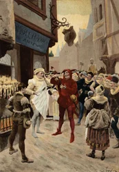 Paris, Roustissoir (Rotisserie) des Peer Chatelet. Konflikt zwischen einem Angestellten und einem Mann, der beschuldigt wird, seine Mahlzeit nicht bezahlt zu haben. Pantagruel. Illustration von Jules Garnier. In „Rabelais et l