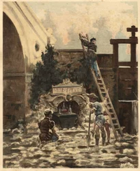 Bauer Jean Audeau entdeckt ein Büchlein, das die Geschichte von Gargantua erzählt. Illustration von Jules Garnier. In "Rabelais et l