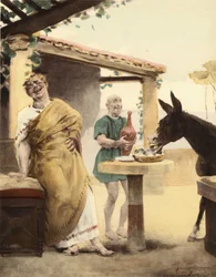 Philomenes stirbt vor Lachen beim Anblick des Esels von Sycophagus, der Feigen frisst, während ein Diener Wein in einer Amphore bringt. Illustration von Jules Garnier. In "Rabelais et l