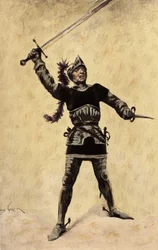 Picrochole, König von Lerne, in Rüstung und mit Schwert. Illustration von Jules Garnier. In "Rabelais et l