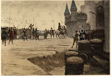 Die Armee von Ulrich Gallet, gesandt von Grandgousier, dem Vater von Gargantua, vor dem Schloss von Picrochole, König von Lerne, mit Stöcken und Schilfrohren als Zeichen des Friedens. Illustration von Jules Garnier. In "Rabelais et l