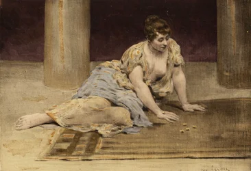 Frau spielt das Spiel der Tische (Tables). Gargantua. Illustration von Jules Garnier. In „Rabelais et l