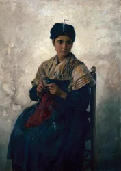 Bauernmädchen beim Stricken