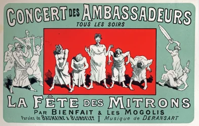Kunst. Unterhaltung. Bäckerjungen-Party im Cabaret: Concert des Ambassadeurs, Paris. Plakat von Jules Cheret, Frankreich, ca. 1880 (Plakat)