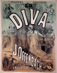 Plakat für die Operette „Diva“ mit Musik von Jacques Offenbach (1819-1880) bei den Pariser Bouffes