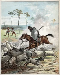 Don Quixote tötet Schafe, die er für Ritter hält - Don Quixote auf seinem Pferd durchbohrt die Schafe, die er für Ritter hält - Illustration von Jules David (1808-1892) aus Histoire de Don Quixote (Don Quixote) - 1887 - von Miguel de Cervantes Saavedra (15