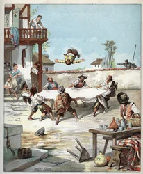 Sancho Panza wird in einem Gasthaus misshandelt und ruft seinen Herrn Don Quijote um Hilfe - Illustration von Jules David (1808-1892) aus „Geschichte von Don Quijote“