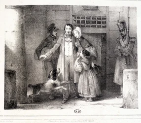 Mann verlässt das Gefängnis und wird mit seiner Familie wiedervereint, ca. 1830.