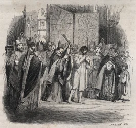 Buße von Raymond VI., Graf von Toulouse - Am 22.06.1209 wurde Raymond VI., Graf von Toulouse, von Papst Innozenz III. (Milon legat du pape) exkommuniziert, weil er die Katharer nicht verfolgte, beschuldigt, der Anstifter des Mordes an Pierre de Castelnau z