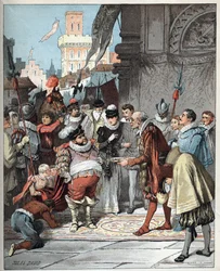 Sancho Panza wird zum Gouverneur der Insel Barataria ernannt - Sancho Panza wird zum Gouverneur auf Lebenszeit der Insel Barataria ernannt - Illustration von Jules David (1808-1892) aus Histoire de Don Quixote (Don Quijote) - 1887 - von Miguel de