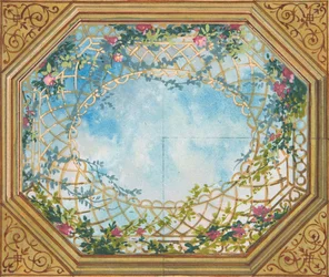 Entwurf für eine Decke, bemalt mit Wolken, Gittern und Rosen, zweite Hälfte des 19. Jahrhunderts. Schöpfer: Jules-Edmond-Charles Lachaise, Eugène-Pierre Gourdet